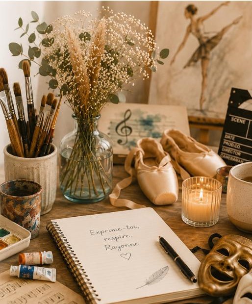 Atelier d'artiste : pinceaux, chaussons de danse, partition, clap de cinéma et carnet ouvert