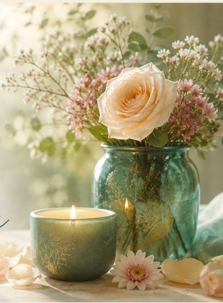 Bouquet de roses et bougie dorée posés sur une table, ambiance du cabinet