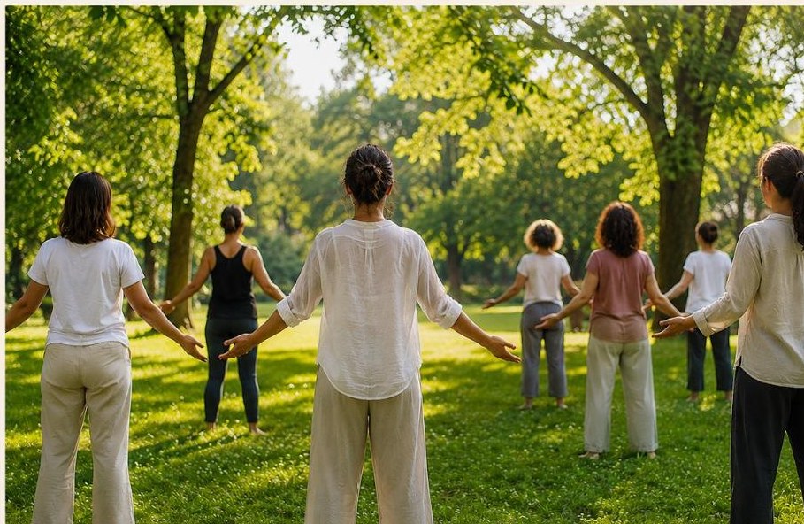 Séance de sophrologie collective en extérieur, un groupe en cercle dans un parc
