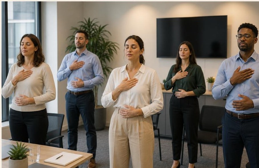 Intervention de sophrologie en entreprise, cinq salariés debout en séance de respiration